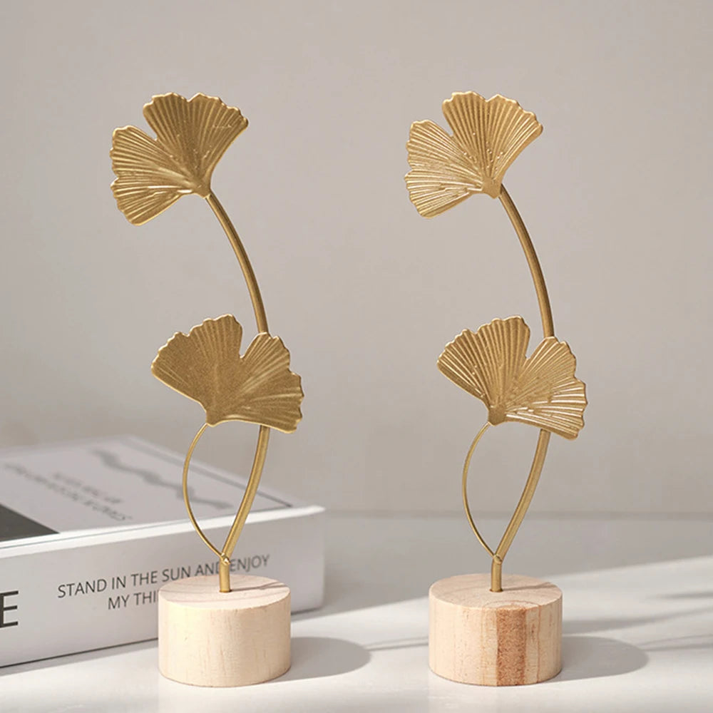 Golden Ginkgo Leaf Miniature Figurines Wooden Statue For Living Room Table Office Home Decoration Accessories Nordic Ornament