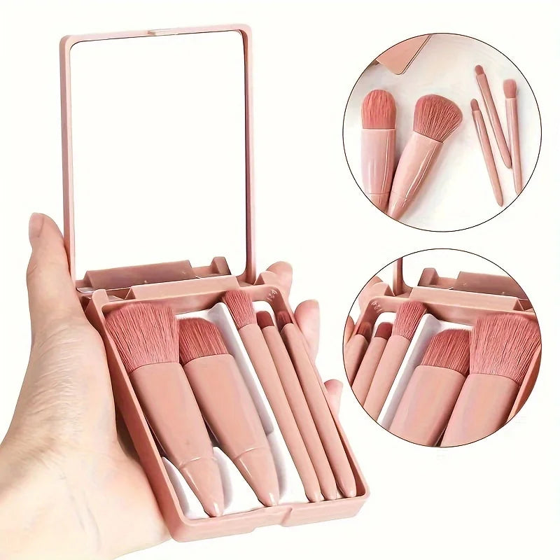 5-Piece Makeup Brush Set with Mirror Case, Foundation Brush, Eyeshadow Brush, Blending Brush - Portable Beauty Tools