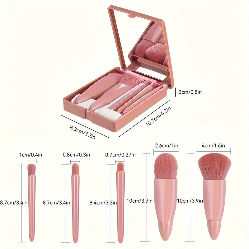 5-Piece Makeup Brush Set with Mirror Case, Foundation Brush, Eyeshadow Brush, Blending Brush - Portable Beauty Tools