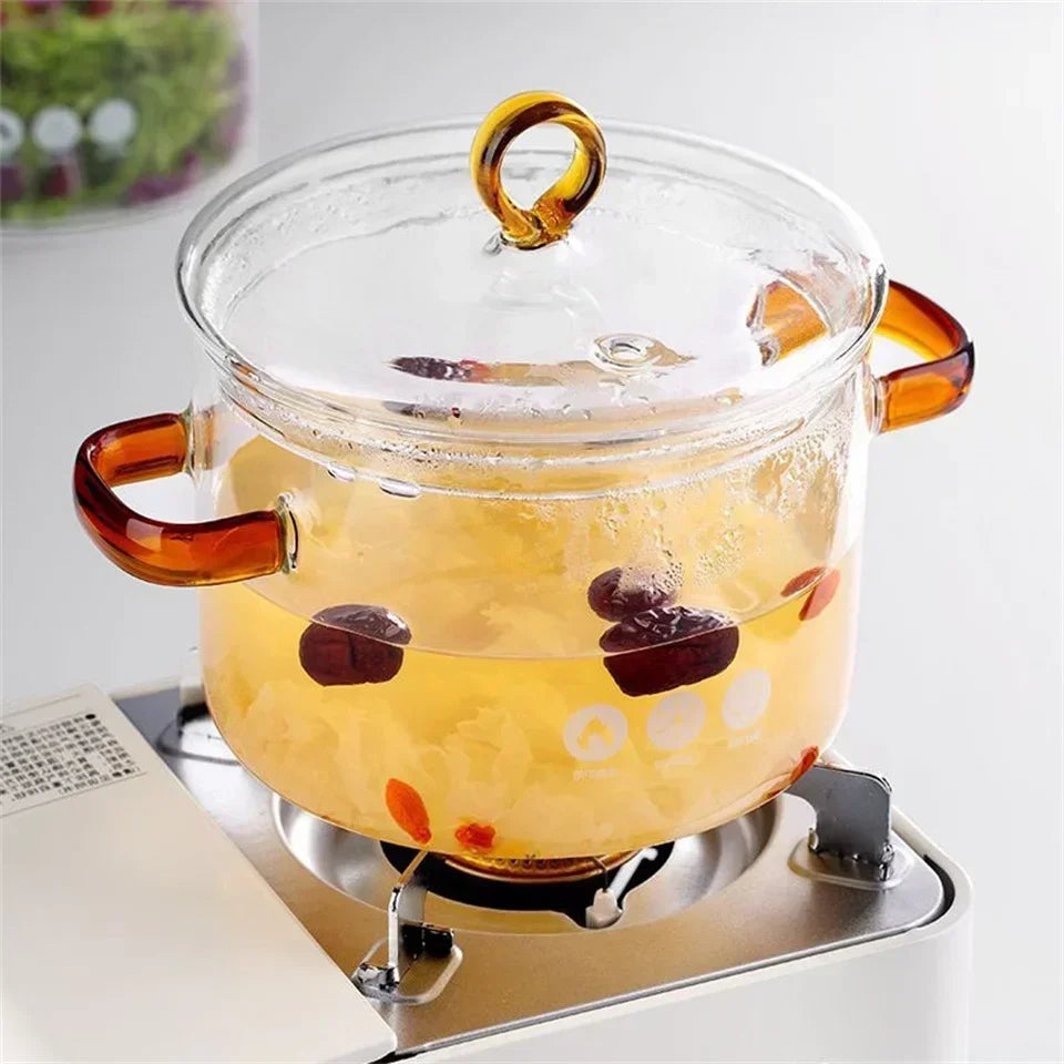 Glass Cooking Pot Transparent Kitchen Furniture Pot Heat Resistant Soup Stock Pots Binaural Handle Noodle Bowl Kitchen Cookware