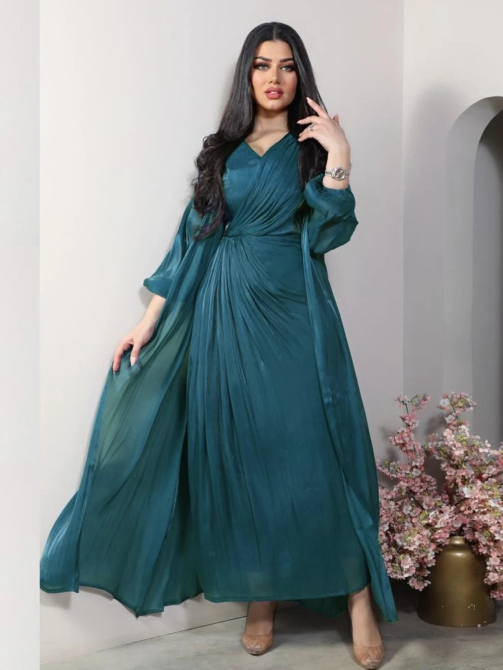 Morocco Party Dress Women Abaya 2 Piece Set Silky Satin Dubai Muslim Dresses Eid Caftan Evening Long Robe Vestidos Abayas Robe