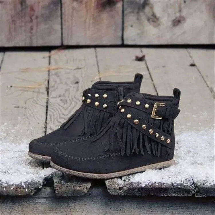 Vintage Women Boots Suede Ankle Boots Fringe Women Shoes Winter Boots Women Side Zipper Casual Shoes Round Toe Ladies Snow Boot