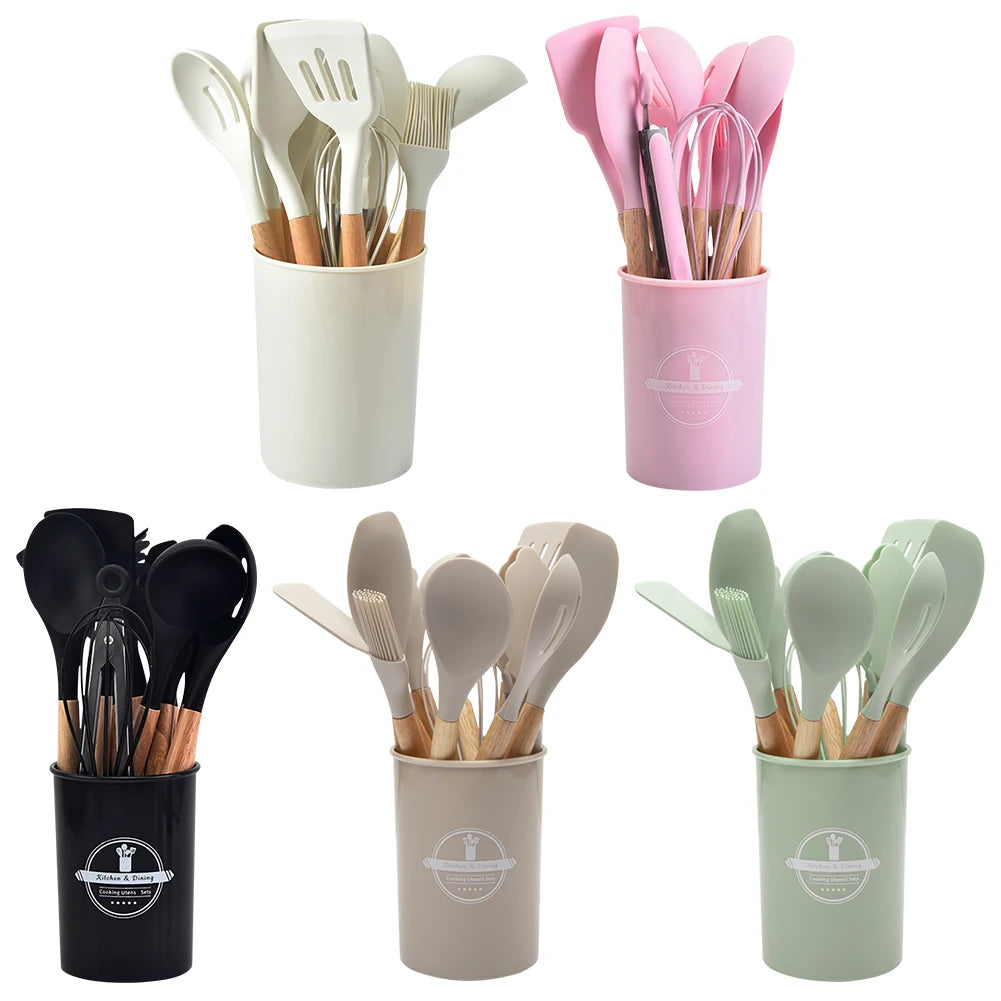 12Pcs Kitchen Utensil Set Heat-Resistant Cookware Wooden Handle Non-Stick Spatula Set Spatula Spoon Brush Whisk for Kitchen