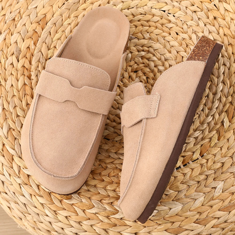 Comwarm Fashion Clogs Slippers Women Cow Suede Cork Slippers Classic Cork House Slippers With Arch Support Outdoor Beach Shoes