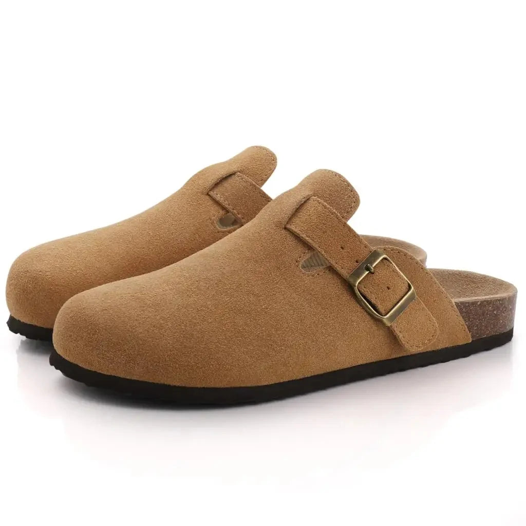 Comwarm Fashion Clogs Slippers Women Cow Suede Cork Slippers Classic Cork House Slippers With Arch Support Outdoor Beach Shoes