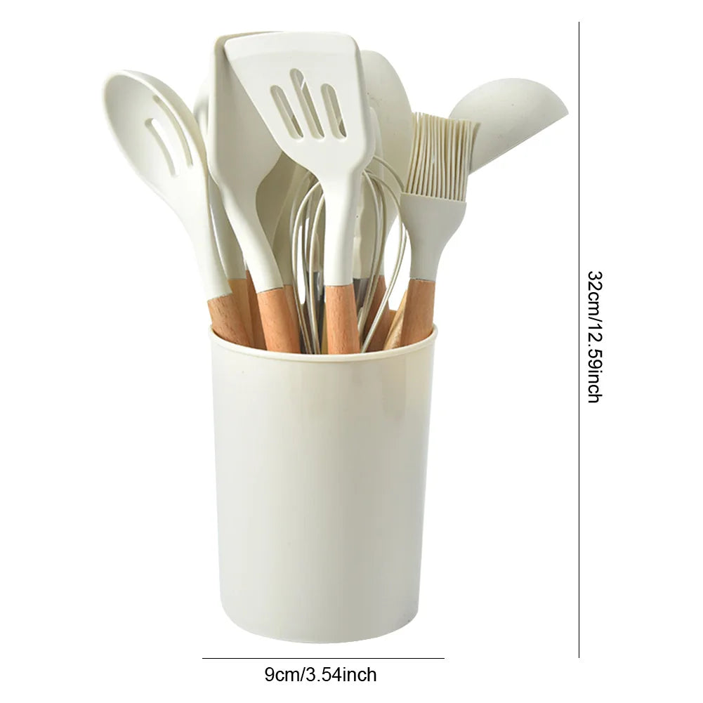 12Pcs Kitchen Utensil Set Heat-Resistant Cookware Wooden Handle Non-Stick Spatula Set Spatula Spoon Brush Whisk for Kitchen