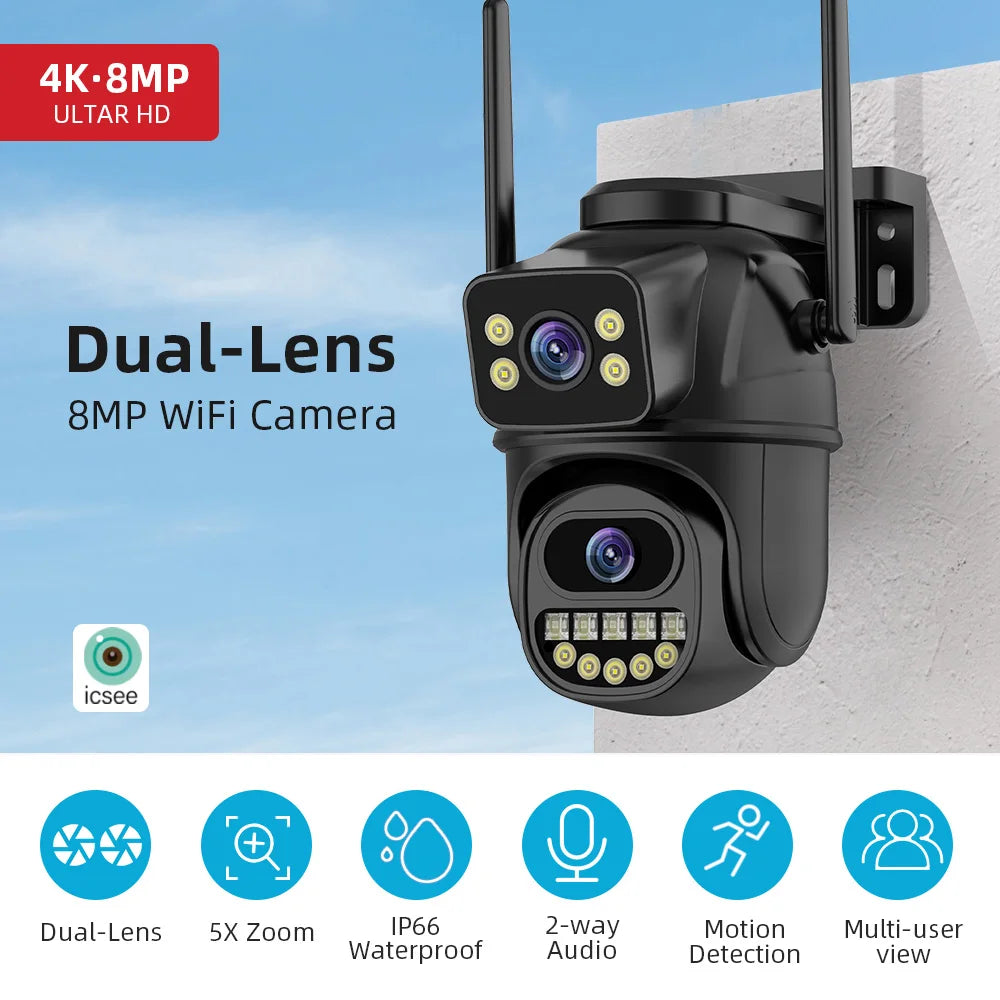 4K 8MP HD Wifi PTZ Camera Outdoor 4MP Dual Lens Dual Screen AI Auto Tracking IP Camera CCTV Audio Video Surveillance P2P iCSee