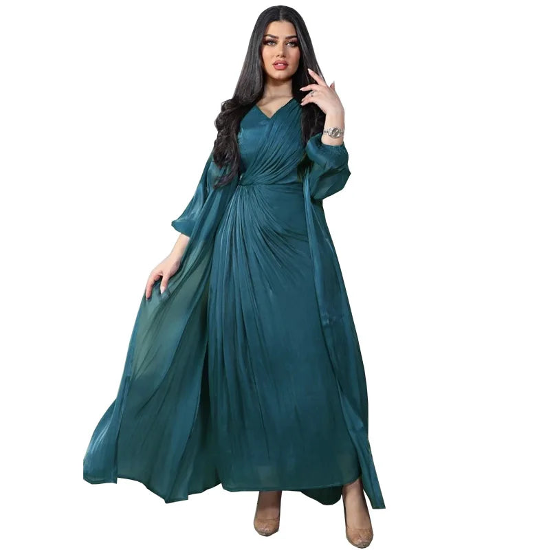 Morocco Party Dress Women Abaya 2 Piece Set Silky Satin Dubai Muslim Dresses Eid Caftan Evening Long Robe Vestidos Abayas Robe