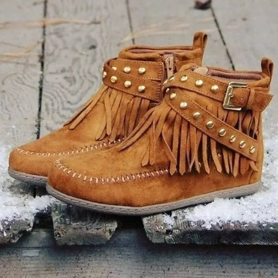 Vintage Women Boots Suede Ankle Boots Fringe Women Shoes Winter Boots Women Side Zipper Casual Shoes Round Toe Ladies Snow Boot