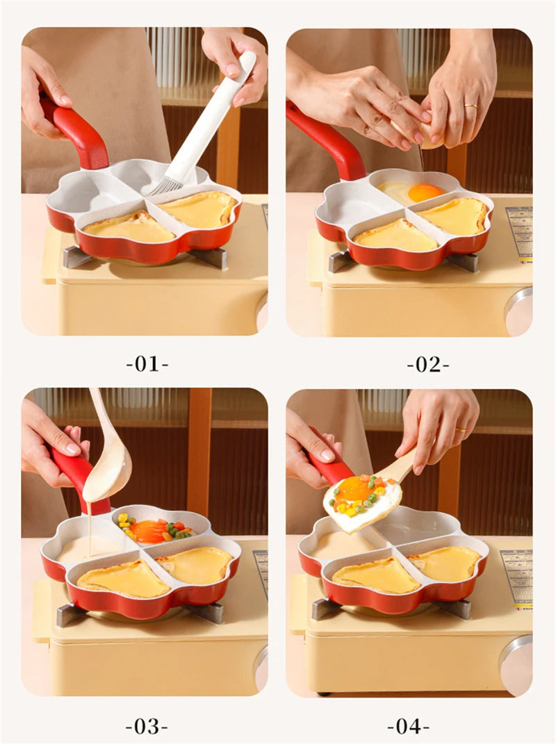 4-Hole Love Heart Omelette Pan Non-Stick Cookware Pancake Saucepan Egg Steak Frying Pans Breakfast Maker Cooking Pot for Kitchen