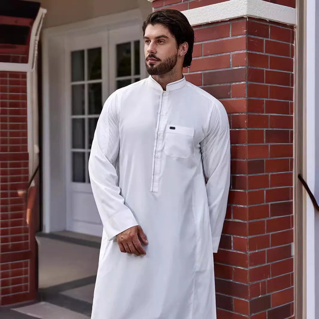 Eid Muslim Men Long Robe Spliced Pocket Button Casual Jubba Abaya Arab Dubai Saudi Dishdasha Abayas Islamic Morocco Modest