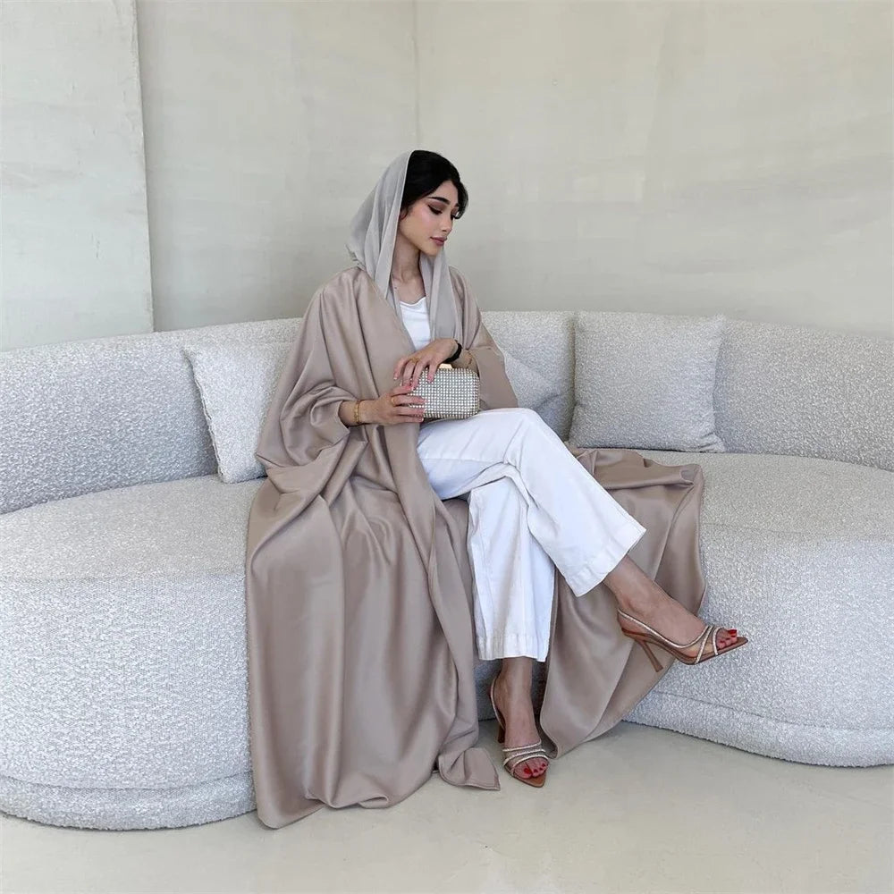 Open Abaya Silk Satin Muslim Women Bat Sleeve Maxi Dress Cardigan Kimono Turkey Dubai Kaftan Arab Robe Islam Morocco Abayas Gown